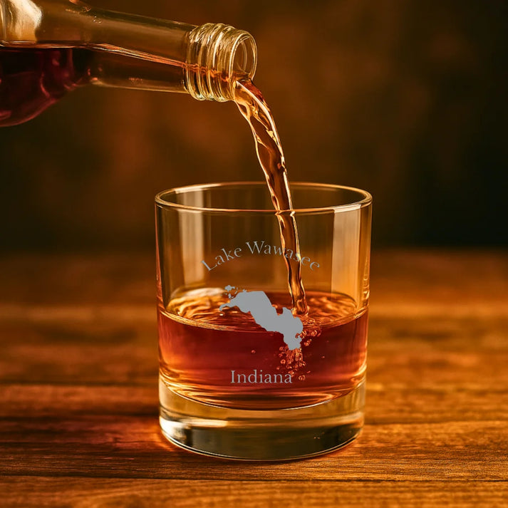 lifestyle image of Lake Wawasee Indiana Engraved Whiskey Glass