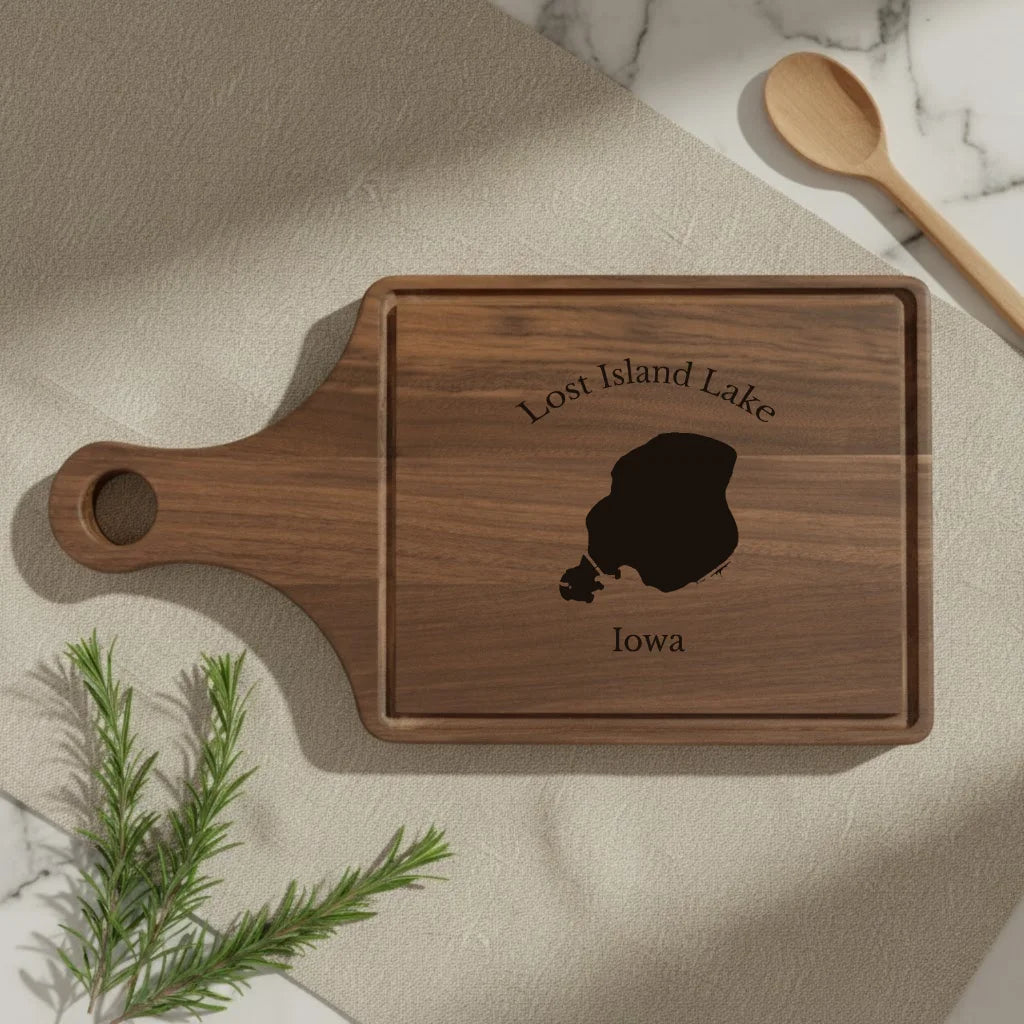 lifestyle image of Lost Island Lake Iowa Engraved Cutting Board