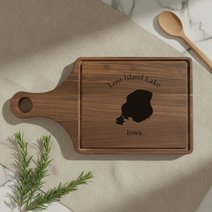 lifestyle image of Lost Island Lake Iowa Engraved Cutting Board