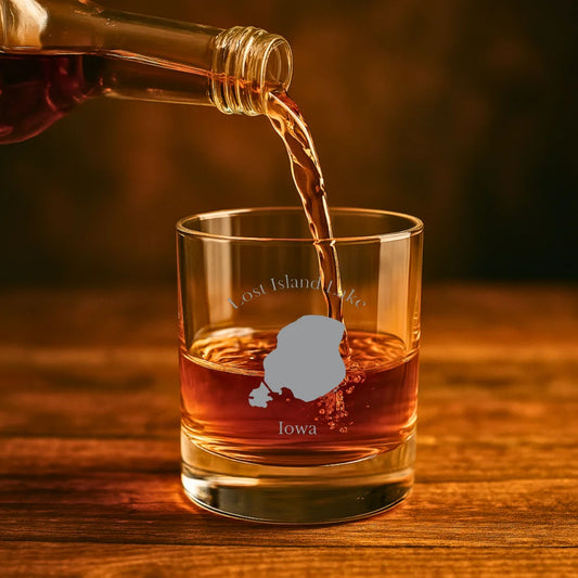 lifestyle image of Lost Island Lake Iowa Engraved Whiskey Glass