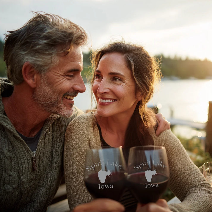 lifestyle image of Spirit Lake Iowa Engraved Wine Glass