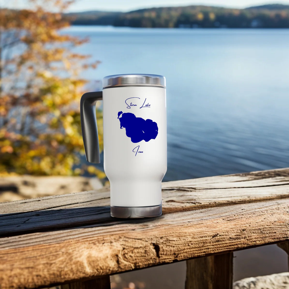 lifestyle image of Storm Lake Iowa Travel Mug
