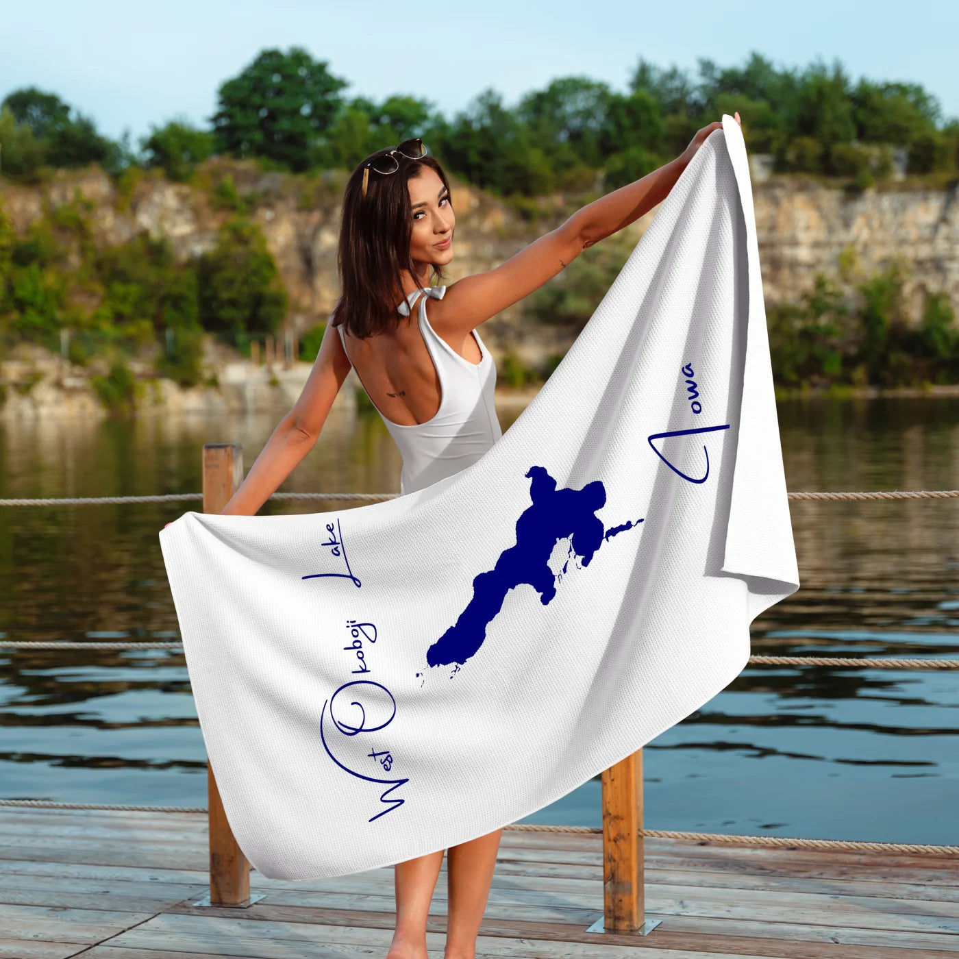 lifestyle image of West Okoboji Lake Iowa Beach Towel