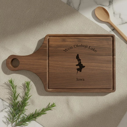 lifestyle image of West Okoboji Lake Iowa Engraved Cutting Board