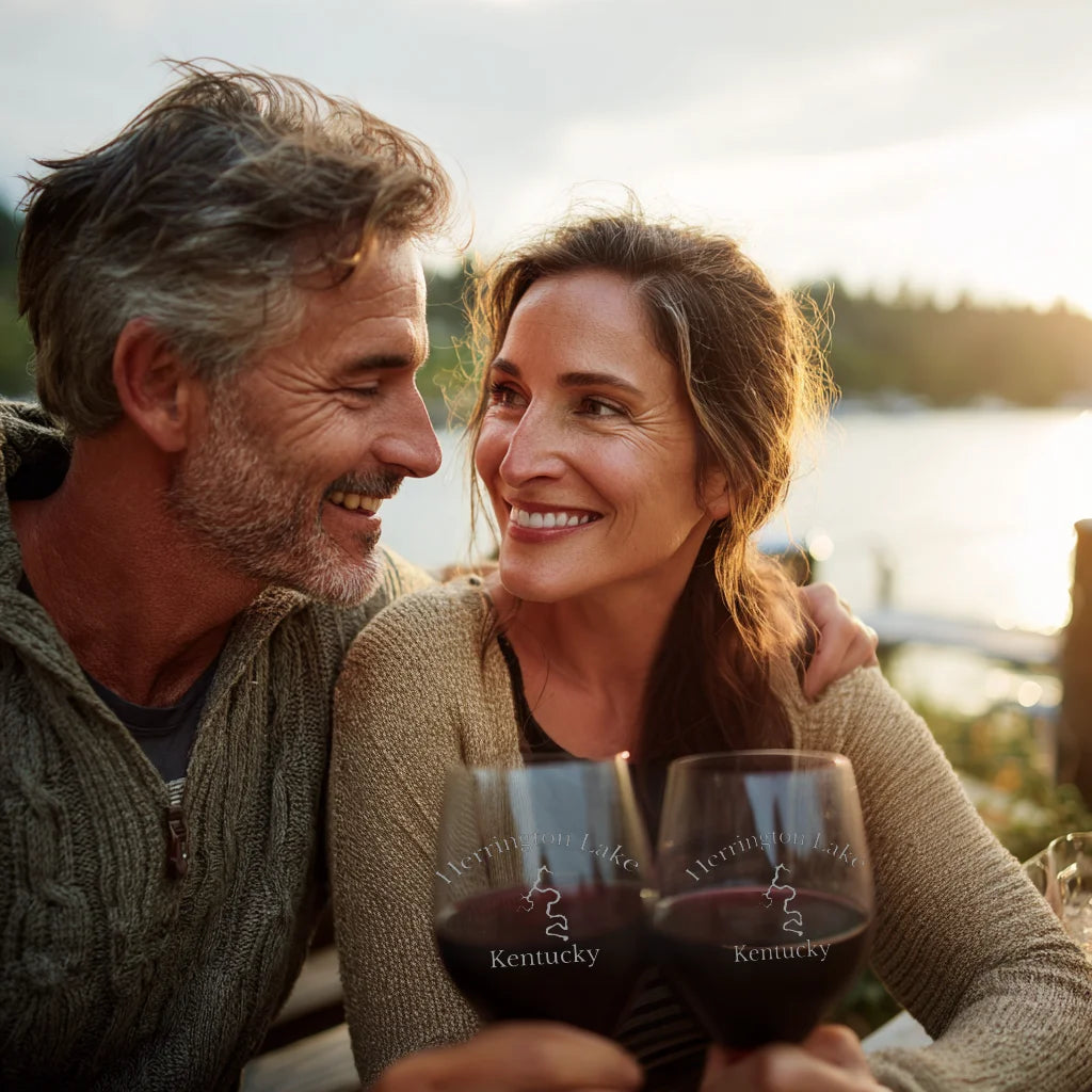 lifestyle image of Herrington Lake Kentucky Engraved Wine Glass