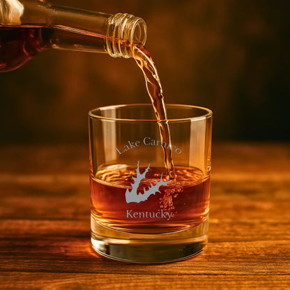 lifestyle image of Lake Carnico Kentucky Engraved Whiskey Glass