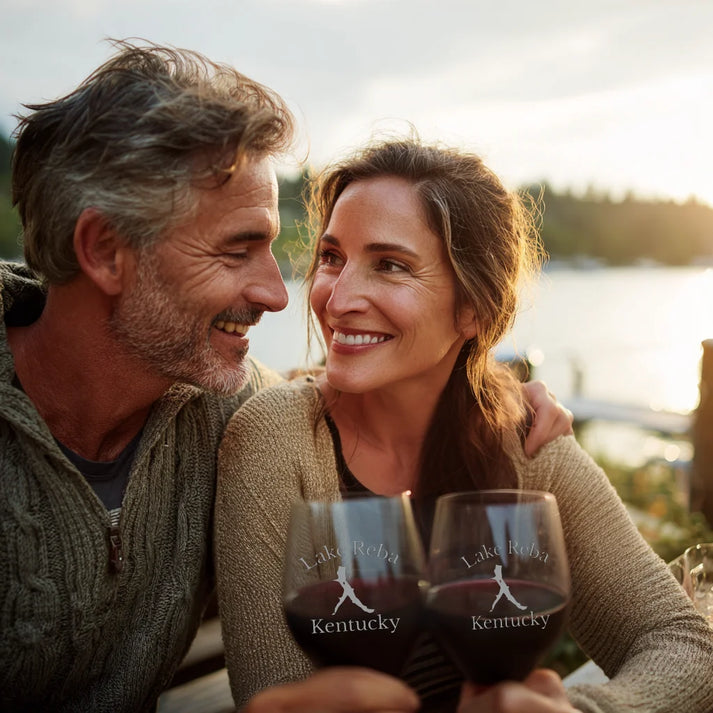 lifestyle image of Lake Reba Kentucky Engraved Wine Glass