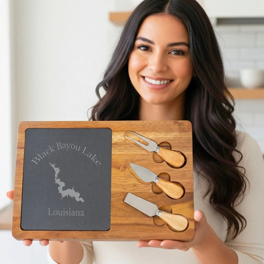 lifestyle image of Black Bayou Lake Louisiana Engraved Charcuterie Board