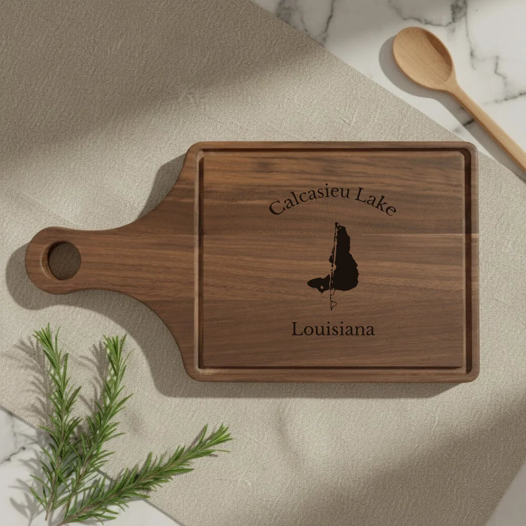 lifestyle image of Calcasieu Lake Louisiana Engraved Cutting Board