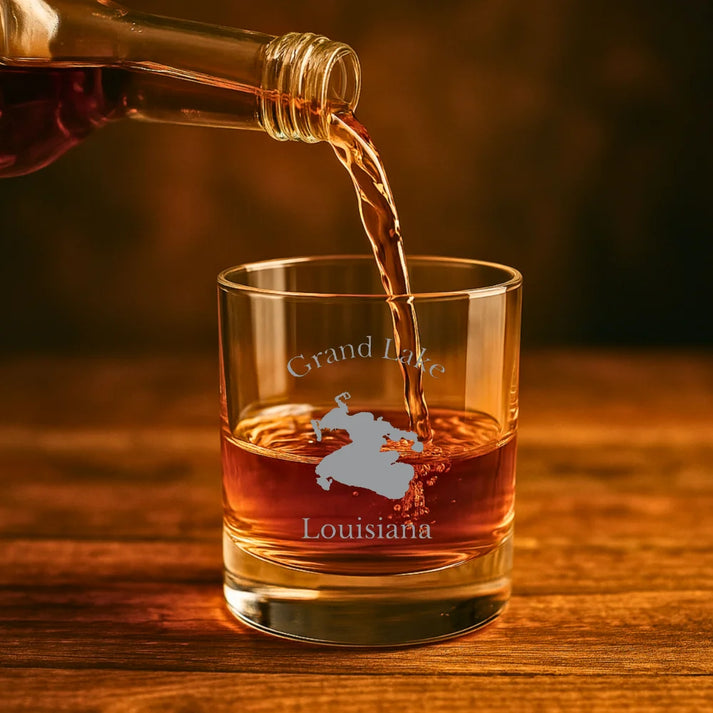 lifestyle image of Grand Lake Louisiana Engraved Whiskey Glass