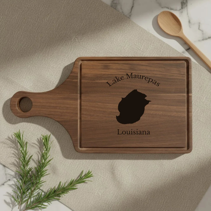 lifestyle image of Lake Maurepas Louisiana Engraved Cutting Board