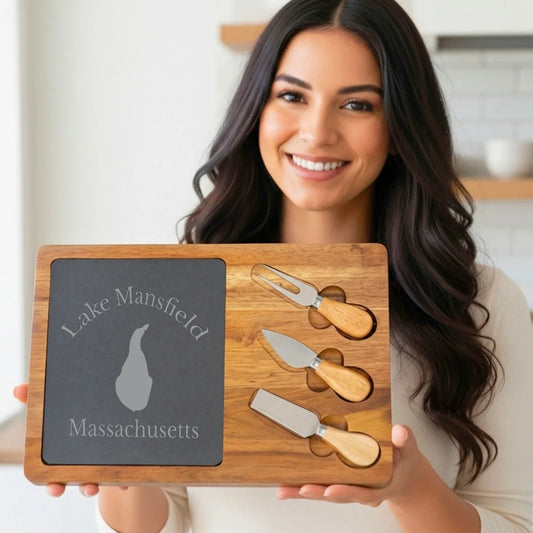 lifestyle image of Lake Mansfield Massachusetts Engraved Charcuterie Board