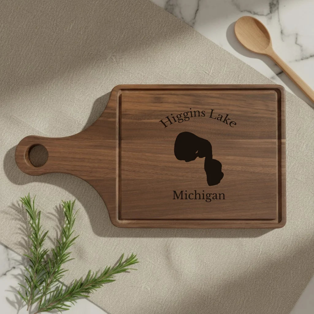 lifestyle image of Higgins Lake Michigan Engraved Cutting Board