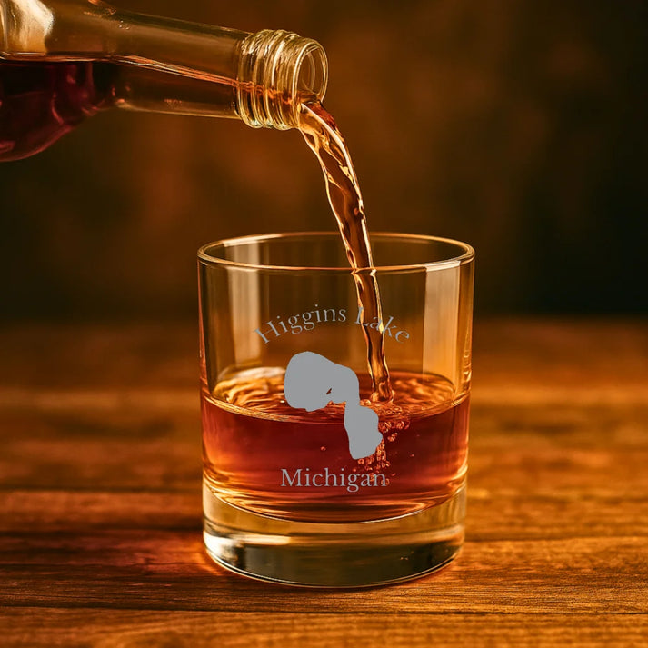 lifestyle image of Higgins Lake Michigan Engraved Whiskey Glass