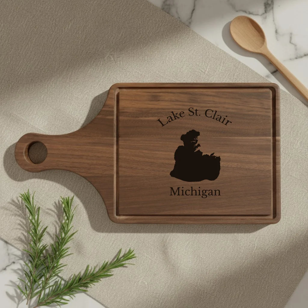 lifestyle image of Lake St. Clair Michigan Engraved Cutting Board