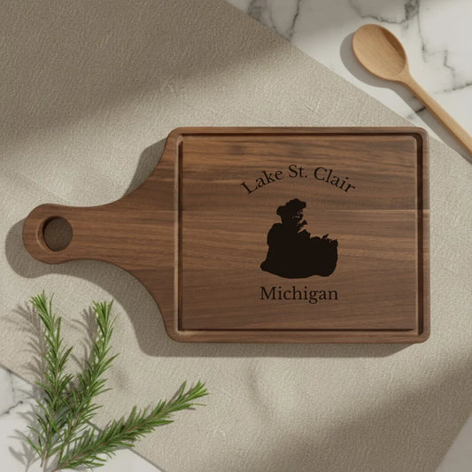 lifestyle image of Lake St. Clair Michigan Engraved Cutting Board