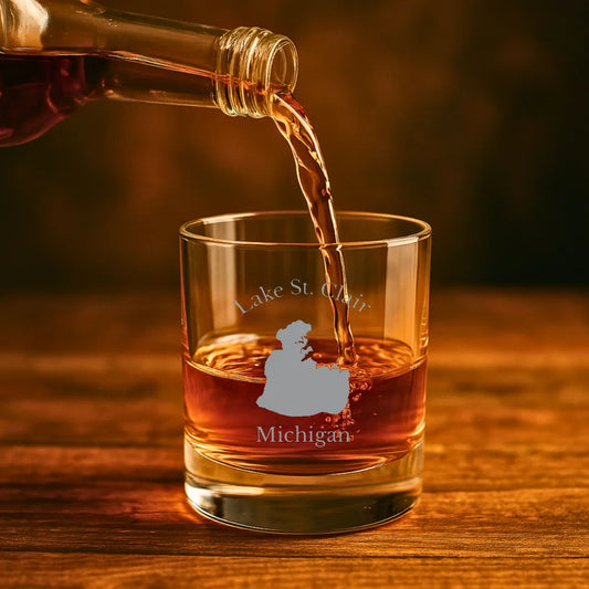 lifestyle image of Lake St. Clair Michigan Engraved Whiskey Glass