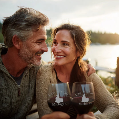 lifestyle image of Lake St. Clair Michigan Engraved Wine Glass