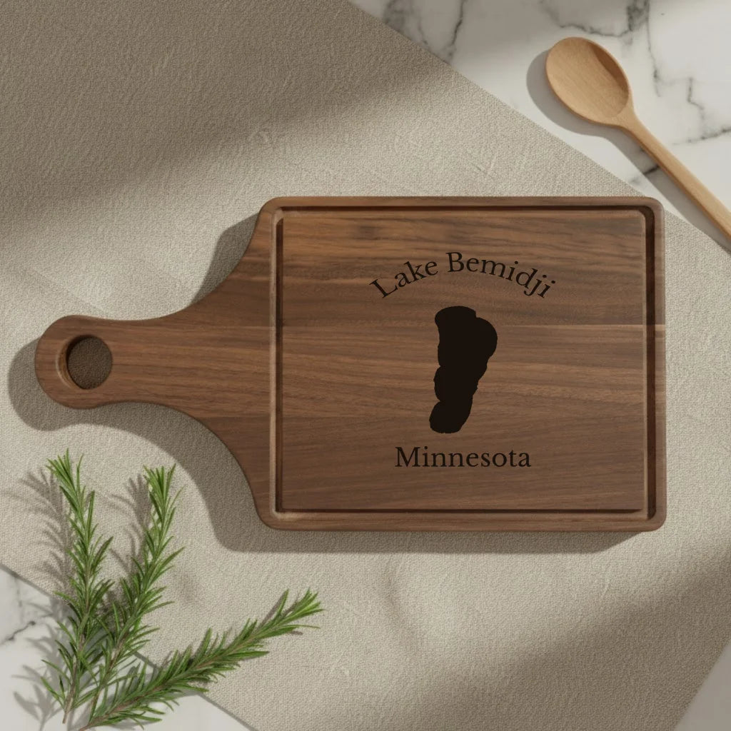 lifestyle image of Lake Bemidji Minnesota Engraved Cutting Board