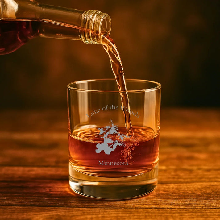 lifestyle image of Lake of the Woods Minnesota Engraved Whiskey Glass