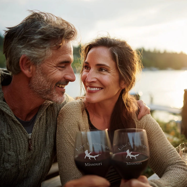 lifestyle image of Lake Tapawingo Missouri Engraved Wine Glass