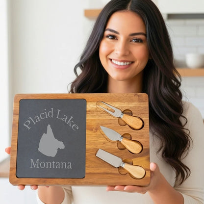 lifestyle image of Placid Lake Montana Engraved Charcuterie Board