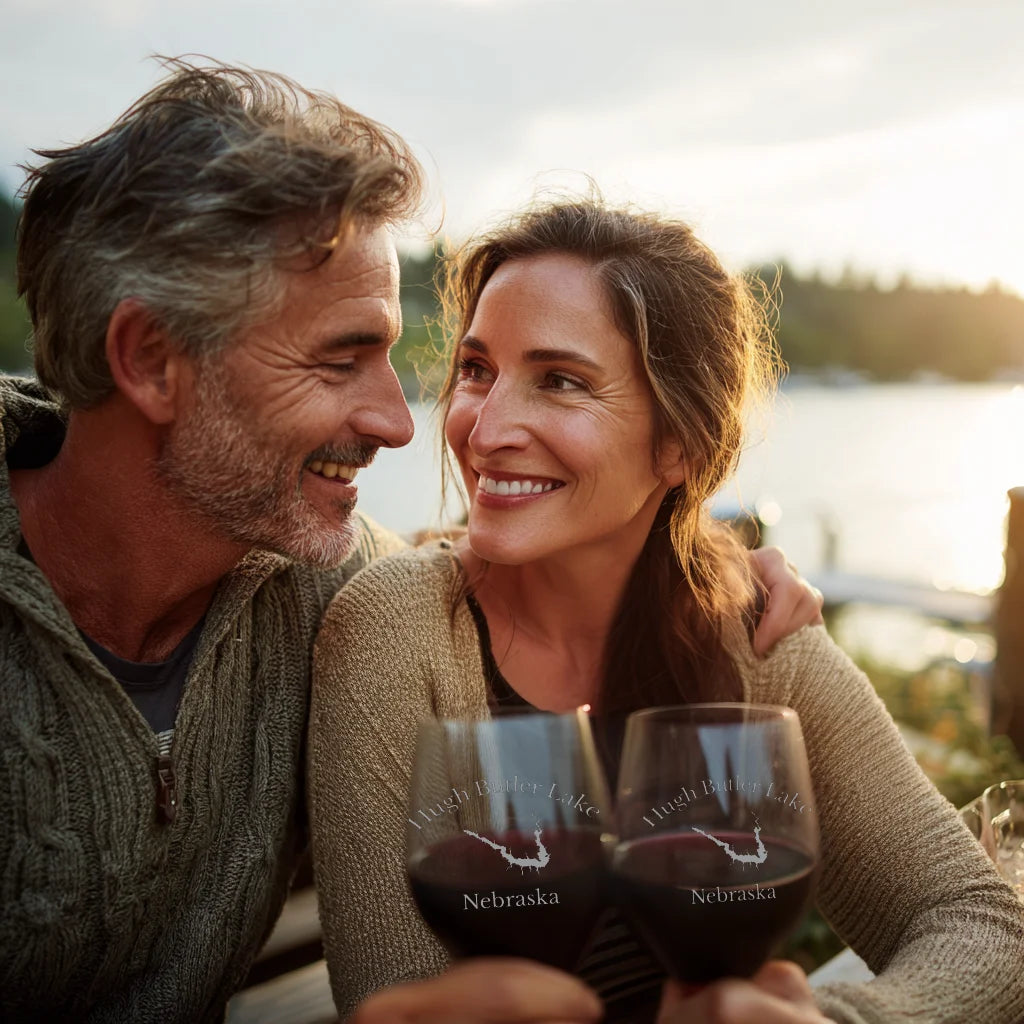 lifestyle image of Hugh Butler Lake Nebraska Engraved Wine Glass