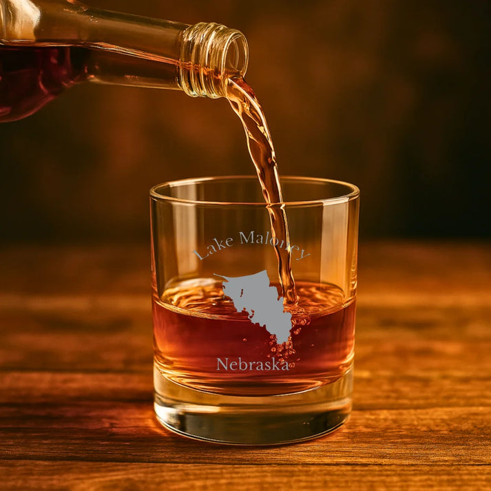 lifestyle image of Lake Maloney Nebraska Engraved Whiskey Glass