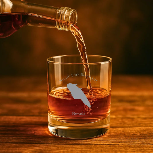 lifestyle image of South Fork Reservoir Nevada Engraved Whiskey Glass