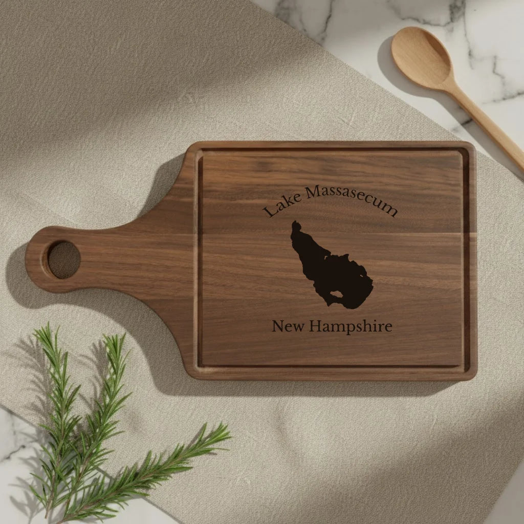 lifestyle image of Lake Massasecum New Hampshire Engraved Cutting Board
