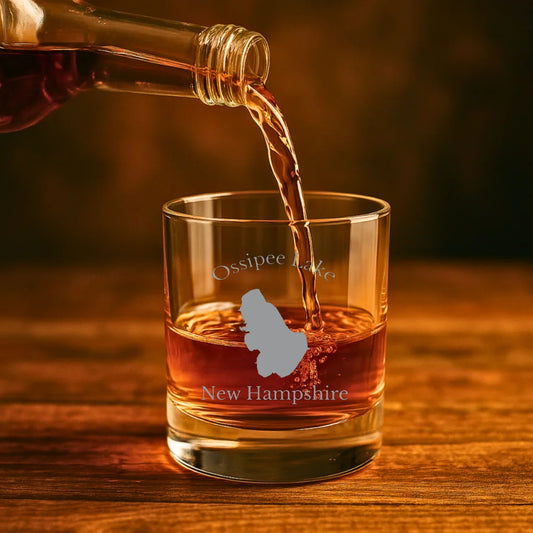 lifestyle image of Ossipee Lake New Hampshire Engraved Whiskey Glass