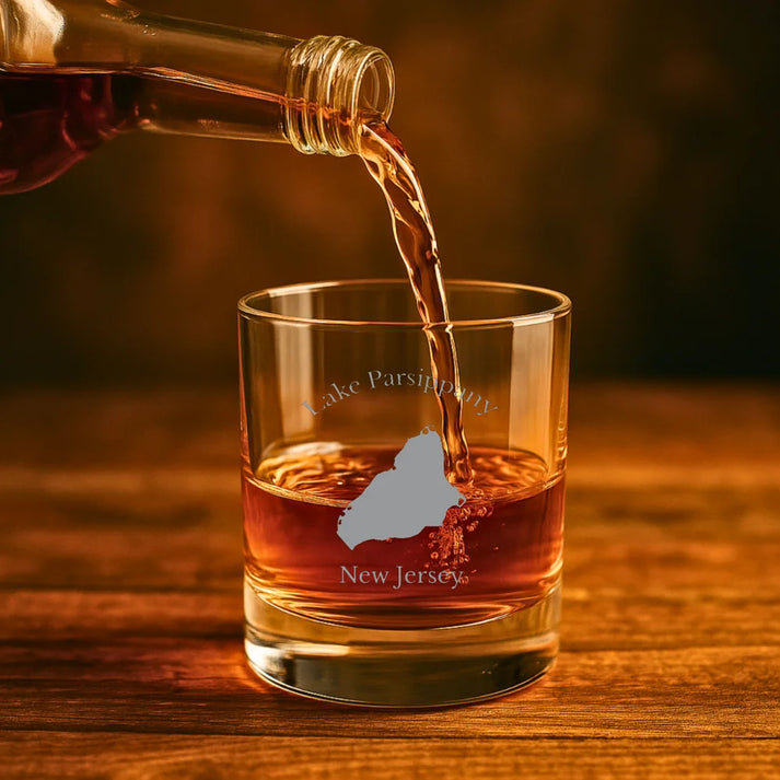 lifestyle image of Lake Parsippany New Jersey Engraved Whiskey Glass