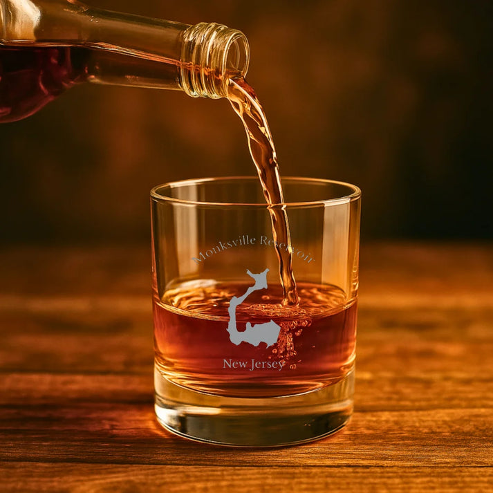 lifestyle image of Monksville Reservoir New Jersey Engraved Whiskey Glass