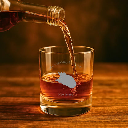lifestyle image of Round Valley Reservoir New Jersey Engraved Whiskey Glass