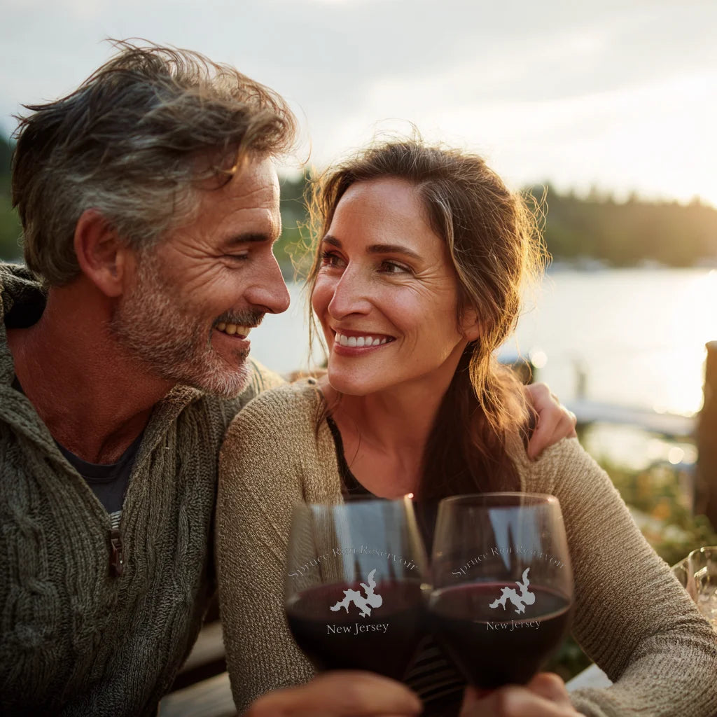 lifestyle image of Spruce Run Reservoir New Jersey Engraved Wine Glass