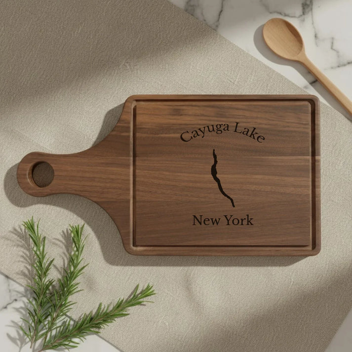 lifestyle image of Cayuga Lake New York Engraved Cutting Board