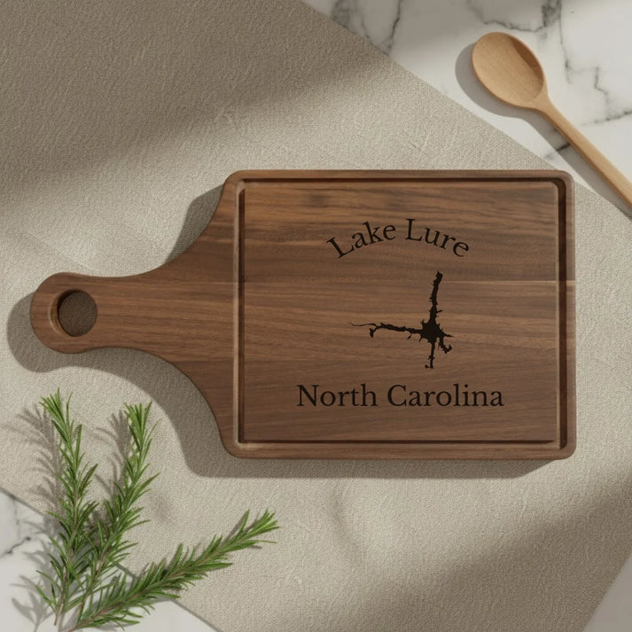 lifestyle image of Lake Lure North Carolina Engraved Cutting Board