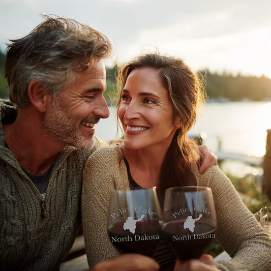 lifestyle image of Pelican Lake North Dakota Engraved Wine Glass