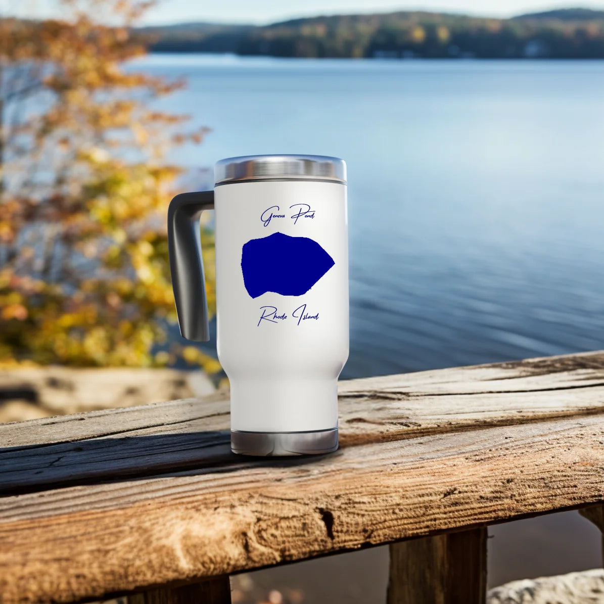 lifestyle image of Geneva Pond Rhode Island Travel Mug