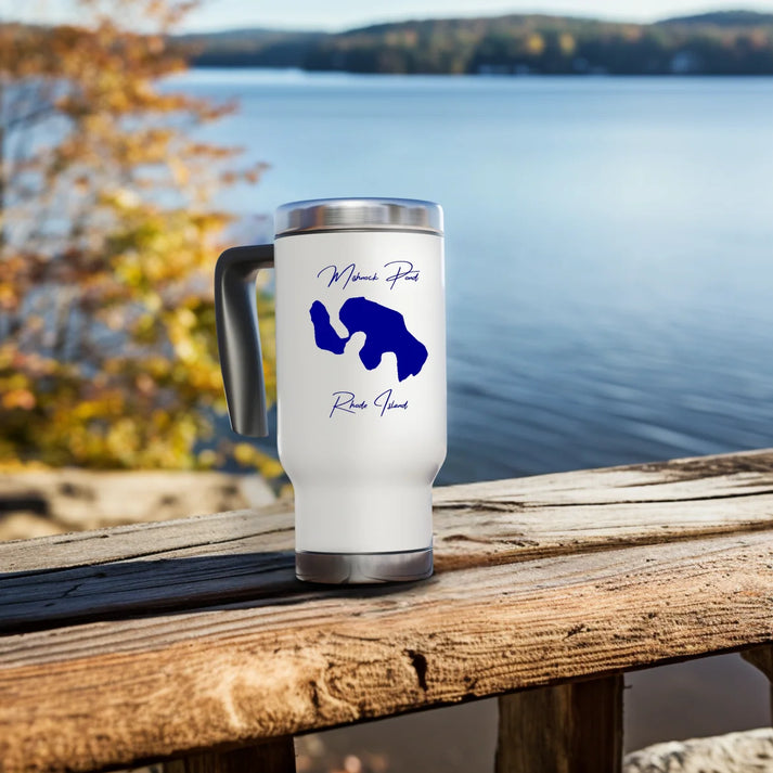 lifestyle image of Mishnock Pond Rhode Island Travel Mug