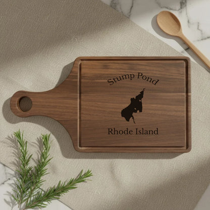 lifestyle image of Stump Pond Rhode Island Engraved Cutting Board