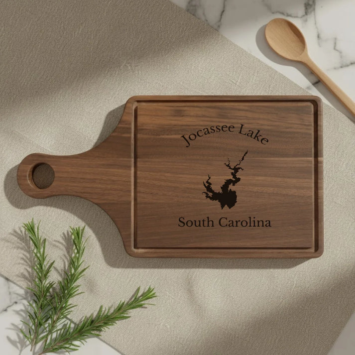 lifestyle image of Jocassee Lake South Carolina Engraved Cutting Board