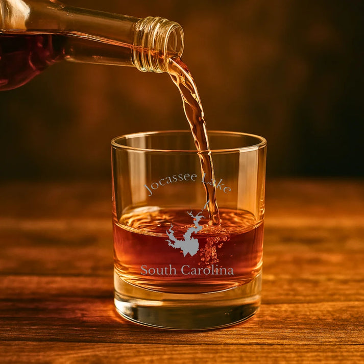 lifestyle image of Jocassee Lake South Carolina Engraved Whiskey Glass