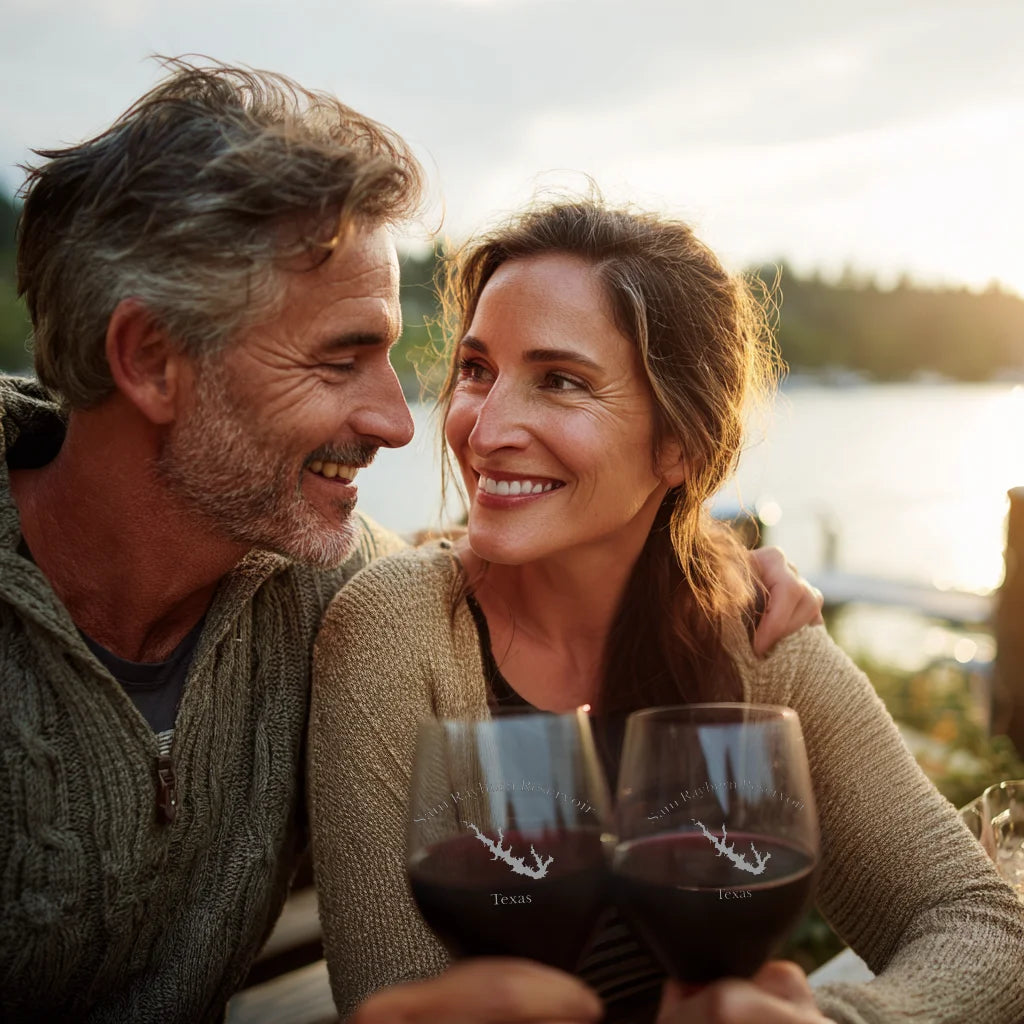 lifestyle image of Sam Rayburn Reservoir Texas Engraved Wine Glass