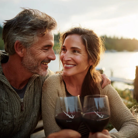 lifestyle image of Sam Rayburn Reservoir Texas Engraved Wine Glass