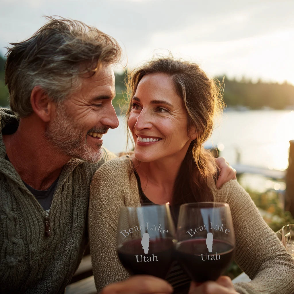 lifestyle image of Bear Lake Utah Engraved Wine Glass