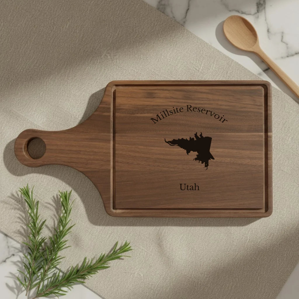 lifestyle image of Millsite Reservoir Utah Engraved Cutting Board