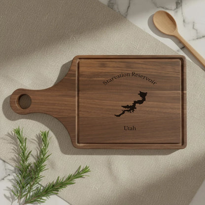 lifestyle image of Starvation Reservoir Utah Engraved Cutting Board