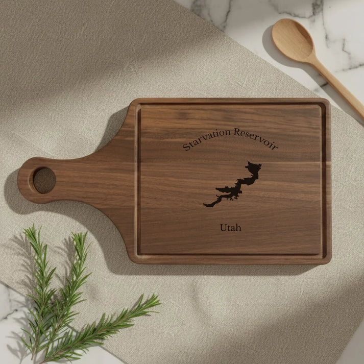 lifestyle image of Starvation Reservoir Utah Engraved Cutting Board