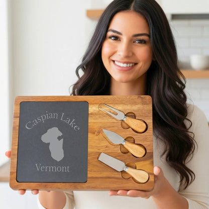 lifestyle image of Caspian Lake Vermont Engraved Charcuterie Board